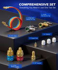 3 Way AC Manifold Gauge Set With 5 Ft Hoses For R134a R12 R502 R22 Automotive AC Service Kit With 29 Degree Adapter Piercing And Self Sealing Can Taps Pro Grade Antishock Gauges And Easy Readout, 5 ft hoses and couplers