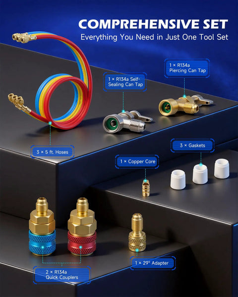 3 Way AC Manifold Gauge Set With 5 Ft Hoses For R134a R12 R502 R22 Automotive AC Service Kit With 29 Degree Adapter Piercing And Self Sealing Can Taps Pro Grade Antishock Gauges And Easy Readout, 5 ft hoses and couplers