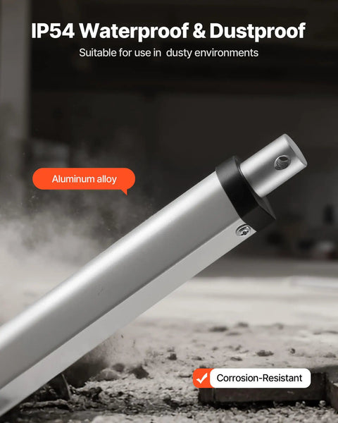 12V Linear Actuator, 8 Inch Stroke, High Speed 0.6 Inches Per Second, 225 Lbs (1000 N), IP54 Protection, showing aluminum alloy body.