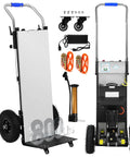 Motorized Electric Stair Climbing Dolly With 1200 Watt Power And 880 Pound Load Capacity showing wheels, removable design, and accessories.
