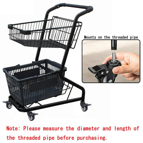 Heavy Duty Swivel Caster Wheels With Locking Brake And Threaded Stem mounted on a shopping cart with two baskets.