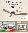Diagram of 52 Inch Wood Ceiling Fan With Lights And Remote 120V DC Motor Quiet Indoor Outdoor showing measurements and room suggestions.