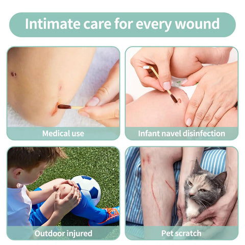 Travel Ready Iodine Swabs With Snap And Flow Technology, Premium Organic Cotton Tips For Mess Free Grab-And-Go Wound Care On Cuts Scrapes And Burns, Individually Packaged, HSA FSA Eligible, 100 Count shown used for various wound care scenarios including medical use, infant care, outdoor injuries, and pet scratches.