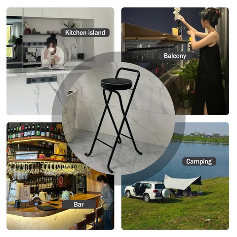 Foldable Metal Bar Stool 32 Inch Tall With Padded Seat for kitchen, balcony, bar, and camping, lightweight and sturdy design