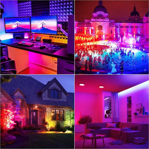 Outdoor RGB CW 20W LED Flood Lights 4 Pack With Bluetooth Mesh And App Control illuminating various landscapes and interiors