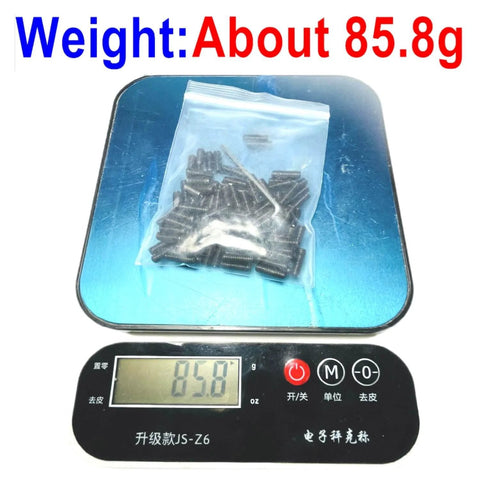 110 Piece M4 X 12mm Stainless Steel Set Screws Hex Socket Grub Screws With M2 Allen Wrench packet on digital scale