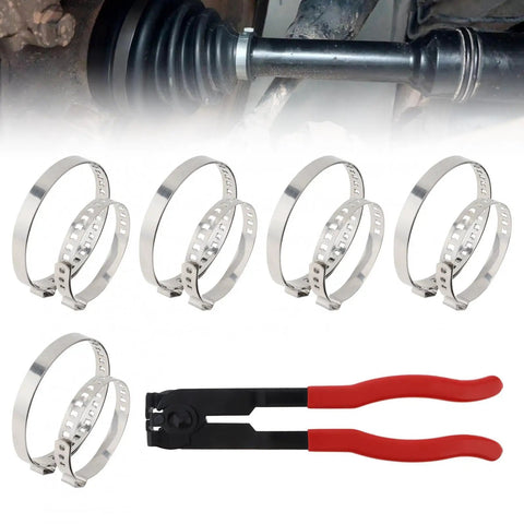 CV Boot Clamp Pliers Kit With 10 Stainless Steel Crimp Bands, Adjustable Small And Large Universal Drive Shaft Boot Clamps