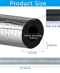 10 Pack Self Adhesive Pipe Insulation Foam Tubes With Aluminum Foil Wraps For Spigots And Outdoor Pipes, Winter Freeze Protection For Sprinklers And Water Heaters; showing cross-section with dimensions and pre-cut seam
