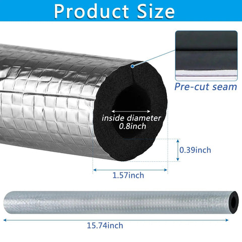 10 Pack Self Adhesive Pipe Insulation Foam Tubes With Aluminum Foil Wraps For Spigots And Outdoor Pipes, Winter Freeze Protection For Sprinklers And Water Heaters; showing cross-section with dimensions and pre-cut seam