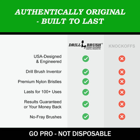 Comparison chart showing benefits of Drill Brush over knockoffs, highlighting original design, premium bristles, and durability.