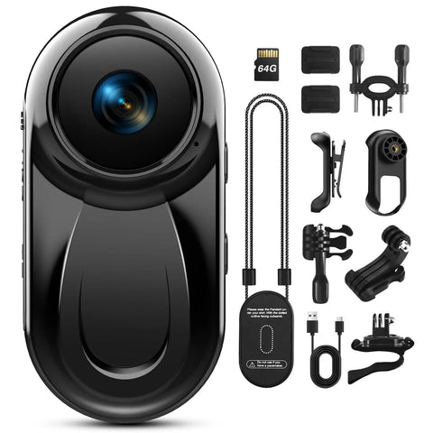 Thumb Size 1080P Wearable Body Camera With 64GB Card and accessories including clips and charging cable