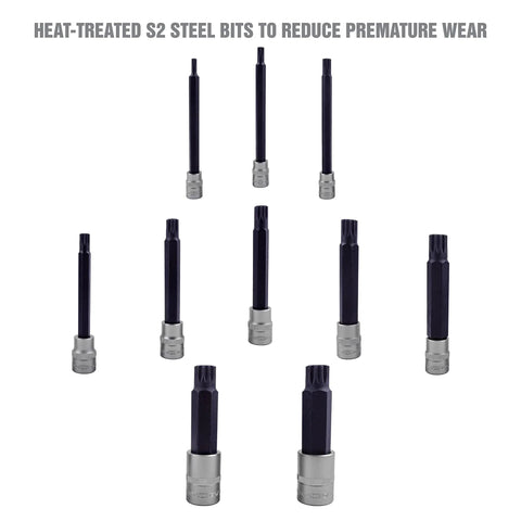 Long Triple Square Bit Set For Automotive Repairs, 10 Piece Spline Socket Set With Magnetic Retention, durable S2 steel