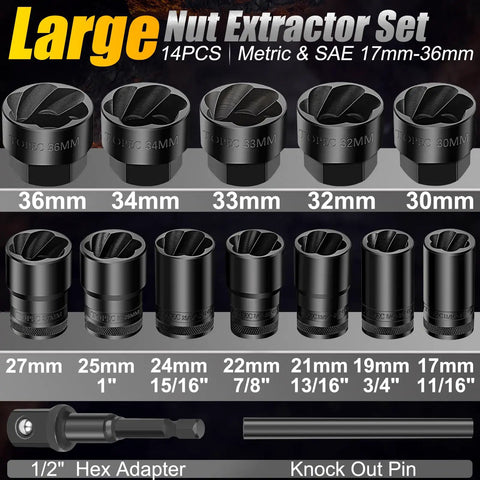 Heavy Duty Beefed Up Lug Nut Remover Socket Set 17 To 36 Millimeters Half Inch Drive Wheel Lock Removal Tool 14 Piece Bolt Extractor