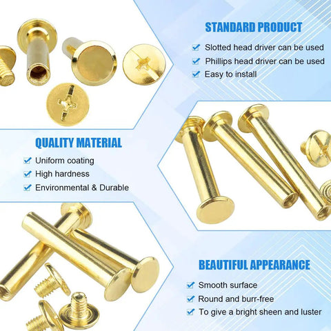 Premium Pro Grade Chicago Screws Assortment Kit M5 Brass Plated Binding Screw Posts with smooth surfaces and uniform coating.