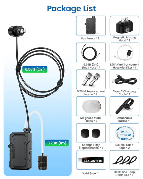 Package list of Portable Magnetic Misting System With Pump And 6000mAh Battery For Outdoor Cooling Ideal For Patio Golf Cart.