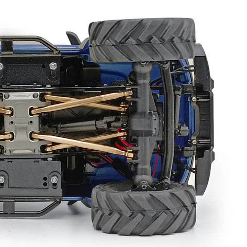 Bottom view of SCX24 1/24 crawler with installed Brass High Clearance RC Link Set For SCX24 1/24 Crawler Cars AXI00001 AXI00002 AXI00006 Upgrade Linkage.