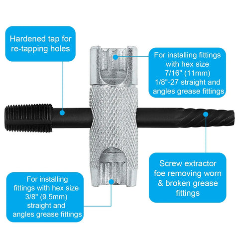 Heavy Duty Grease Zerk Fitting Tool Kit 2pc Set With 80 Replacement Fittings For SAE And Metric, shown with hardened tap tool.