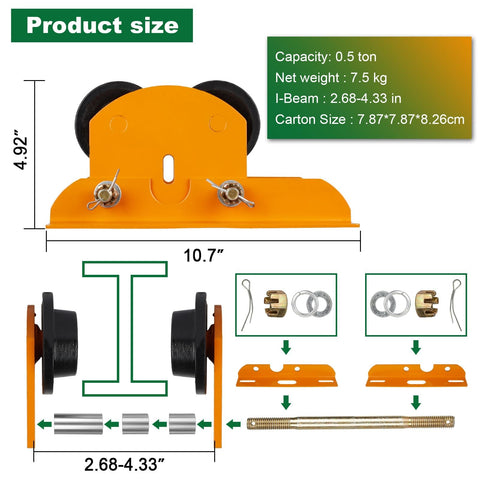Beefy Electric Hoist Trolley For I Beams With Dual Track Rollers, 1 Ton Load Capacity, Adjustable Flange, product size diagram