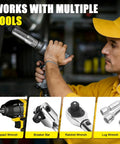 Man using Spiral Type Deep Bolt Extractor Set Ten Pieces For Removing Damaged Stripped Frozen Or Rusted Bolts Nuts Screws Studs And Spark Plug Extraction Socket Built For Quick No Sweat Repairs with different tools in garage.