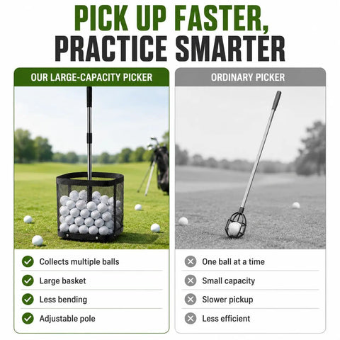Comparison of Golf Ball Picker Upper With Cleaning Towel, Turf Friendly 5 Spring Base vs ordinary picker in golf setting.