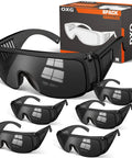 Six Pack Anti Fog Safety Glasses Over Prescription Eyewear With UV Protection And ANSI Z87 1 Certification Impact Resistant Polycarbonate Lenses For Industrial Home And Workshop Use displayed with packaging