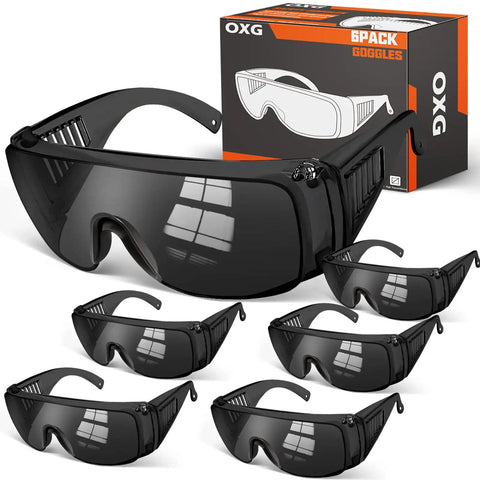 Six Pack Anti Fog Safety Glasses Over Prescription Eyewear With UV Protection And ANSI Z87 1 Certification Impact Resistant Polycarbonate Lenses For Industrial Home And Workshop Use displayed with packaging