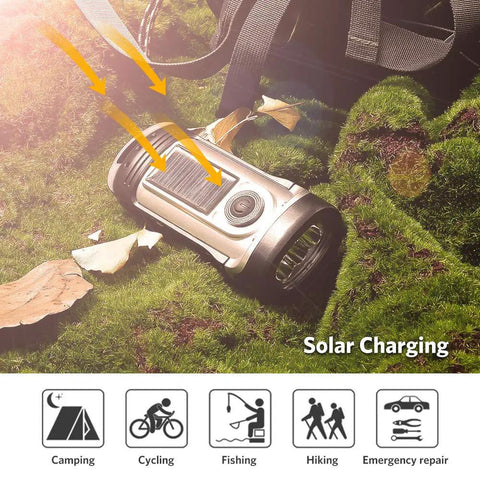 Go To Solar Powered Hand Crank Flashlight For Camping And Outdoors on grass, solar charging, showcasing durability icons.