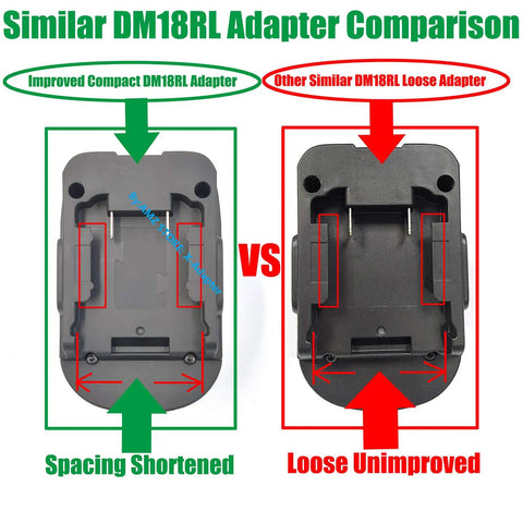 Comparison of two DM18RL adapters, improved compact vs loose design, for use with Universal Battery Adapter For 18V Tools Converts DeWalt 20V Max Li-Ion Battery To 18V Power With Built-In 5V 2.1A USB Charging Port, Fast Transfer, Ideal For DIY Projects, US Stock.