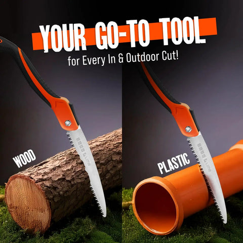 11 Inch Folding Camping Saw With Heavy Duty Pruning Blade cutting wood and plastic pipe, SK5 steel blade with 7 TPI teeth