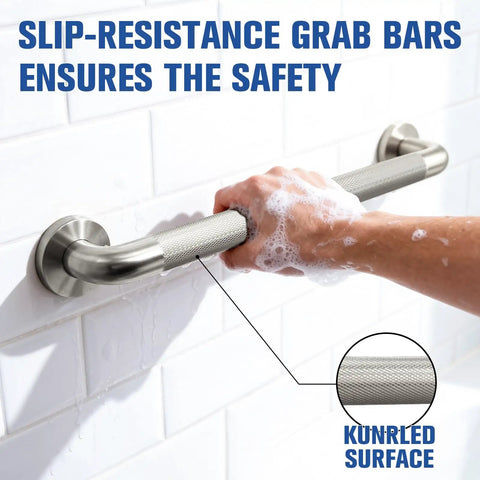 Hand gripping the knurled surface of the Super Sturdy 24 Inch Stainless Steel Shower Grab Bar That Actually Holds Tight Wall Mounted Bathroom Safety Rail For Seniors.