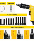 Pneumatic Rivet Nut Gun With Self Locking Heads And Quick Change Mandrels In One Quarter Inch Five Sixteenths Inch Sizes