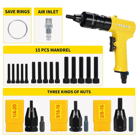Pneumatic Rivet Nut Gun With Self Locking Heads And Quick Change Mandrels In One Quarter Inch Five Sixteenths Inch Sizes