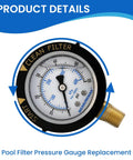Close-up of Go-To Stainless Steel Pool Filter Pressure Gauge 0-60 PSI Waterproof with Clean Filter Indicator, showing dial and NPT mount