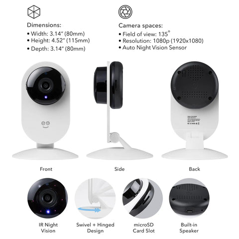 Glimpse Indoor Security Cam, 1080p HD Video, Two Way Audio with 135 Degree Wide Angle Lens front, side, back views