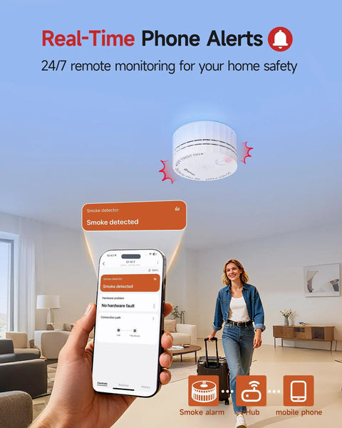 Matter Enabled Smart Smoke Detector Leveraging Local Thread Connectivity Works Smoothly With Apple Home And Alexa delivers alerts on a smartphone.
