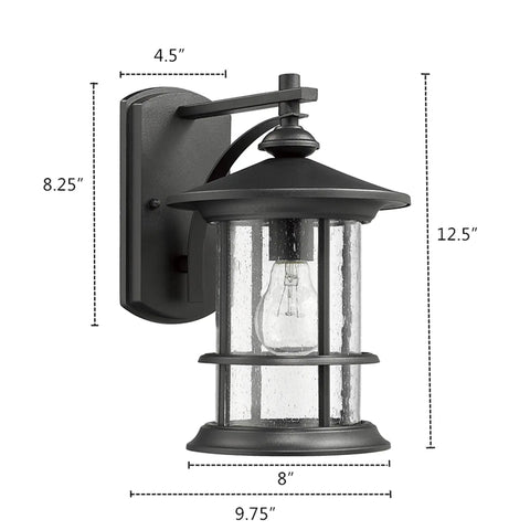Side view of 12.5 Inch Textured Black Outdoor Wall Sconce with Clear Seedy Glass, showing measurements and design details
