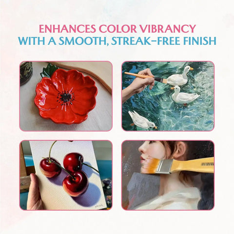 Examples of artwork coated with Crystal Clear Acrylic Varnish With Ultra High Gloss Finish, showing vibrant colors and smooth surfaces.