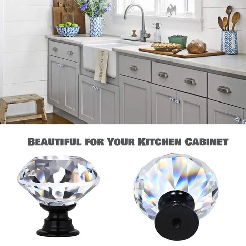 12 Pack Crystal Cabinet Knob Set With Clear Glass Drawers Diamonds Handles For Dressers And Cabinets Black Base 30 mm Knobs Include Screws For Easy Install On All Your Cabinets And Drawers Sleek Upgrade shown in a kitchen setting with close-up of knob details.