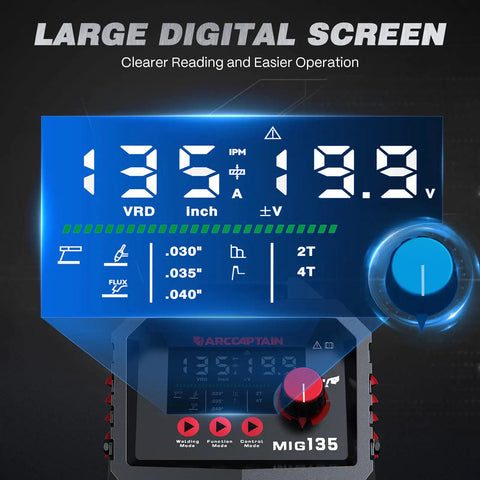 Close-up of 135A MIG Welder Workhorse With 110V Power And Large LED Display showing digital screen panel and controls.