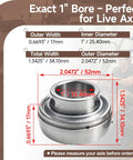 Go Kart 1 Inch Axle Live Bearing Set dimensions with integral locking collar, detailing exact measurements for secure installation