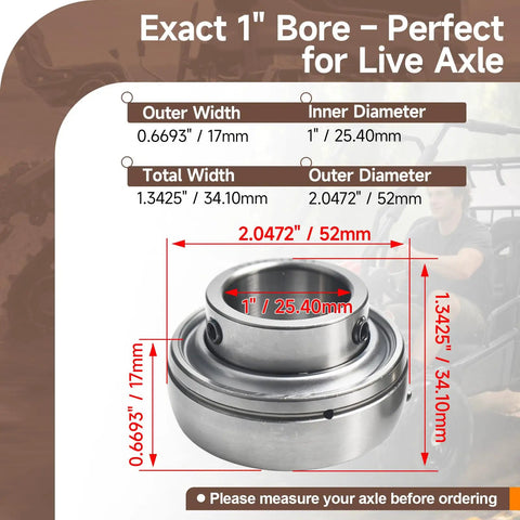 Go Kart 1 Inch Axle Live Bearing Set dimensions with integral locking collar, detailing exact measurements for secure installation