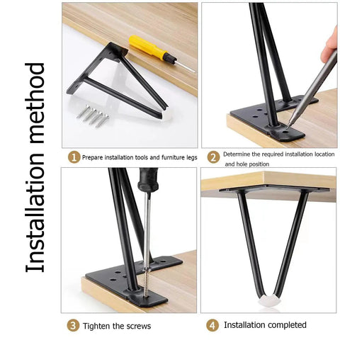 Installation method for Solid As A Rock Premium Gold Hairpin Desk Legs 4 Pack Heavy Duty Steel Furniture Feet showing steps and tools.