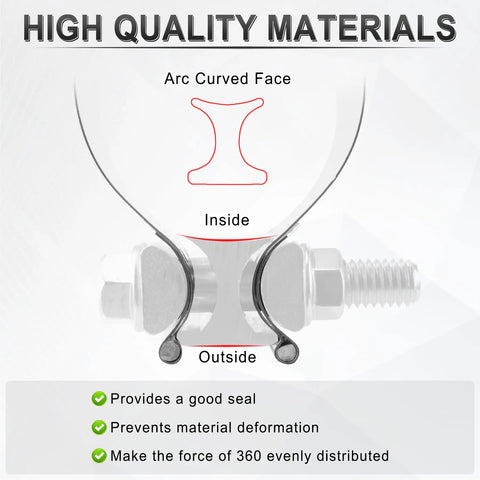 Diagram showing the arc curved face of a 2.5 Inch Exhaust Clamp Beefed Up 304 Stainless Steel Heavy Duty Lap Joint Band Clamp with benefits listed.