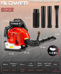 Professional Gas Powered Backpack Leaf Blower With 2 Stroke 63cc Engine Delivers 665 CFM Airflow and Extendable Tubes