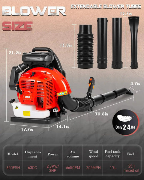 Professional Gas Powered Backpack Leaf Blower With 2 Stroke 63cc Engine Delivers 665 CFM Airflow and Extendable Tubes