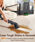 Person using portable vacuum with attachment to clean carpet, showcasing powerful suction for stain removal.