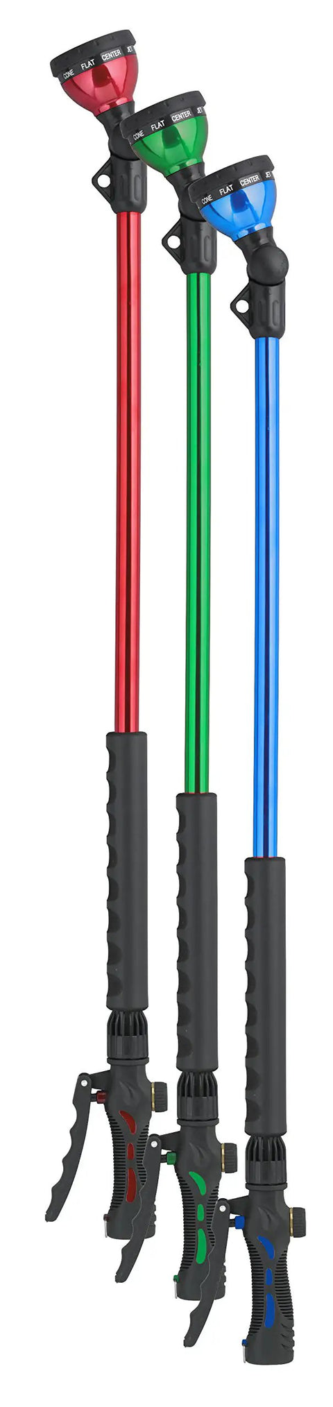 Red, green, and blue Front Trigger Turret Wand With 10 Pattern Sprays And Ratcheting, 30 Inch Reach, rubber grips on handles.