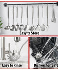 304 Stainless Steel Spaghetti Server With Teeth And Pasta Spoon Ergonomic Vacuum Handle And Non Slip Grip hanging on rack