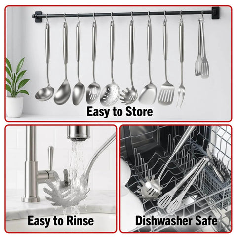 304 Stainless Steel Spaghetti Server With Teeth And Pasta Spoon Ergonomic Vacuum Handle And Non Slip Grip hanging on rack