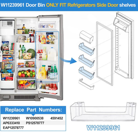 Diagram and images of Right Side Refrigerator Door Shelf Replacement Bin For Whirlpool with part number details